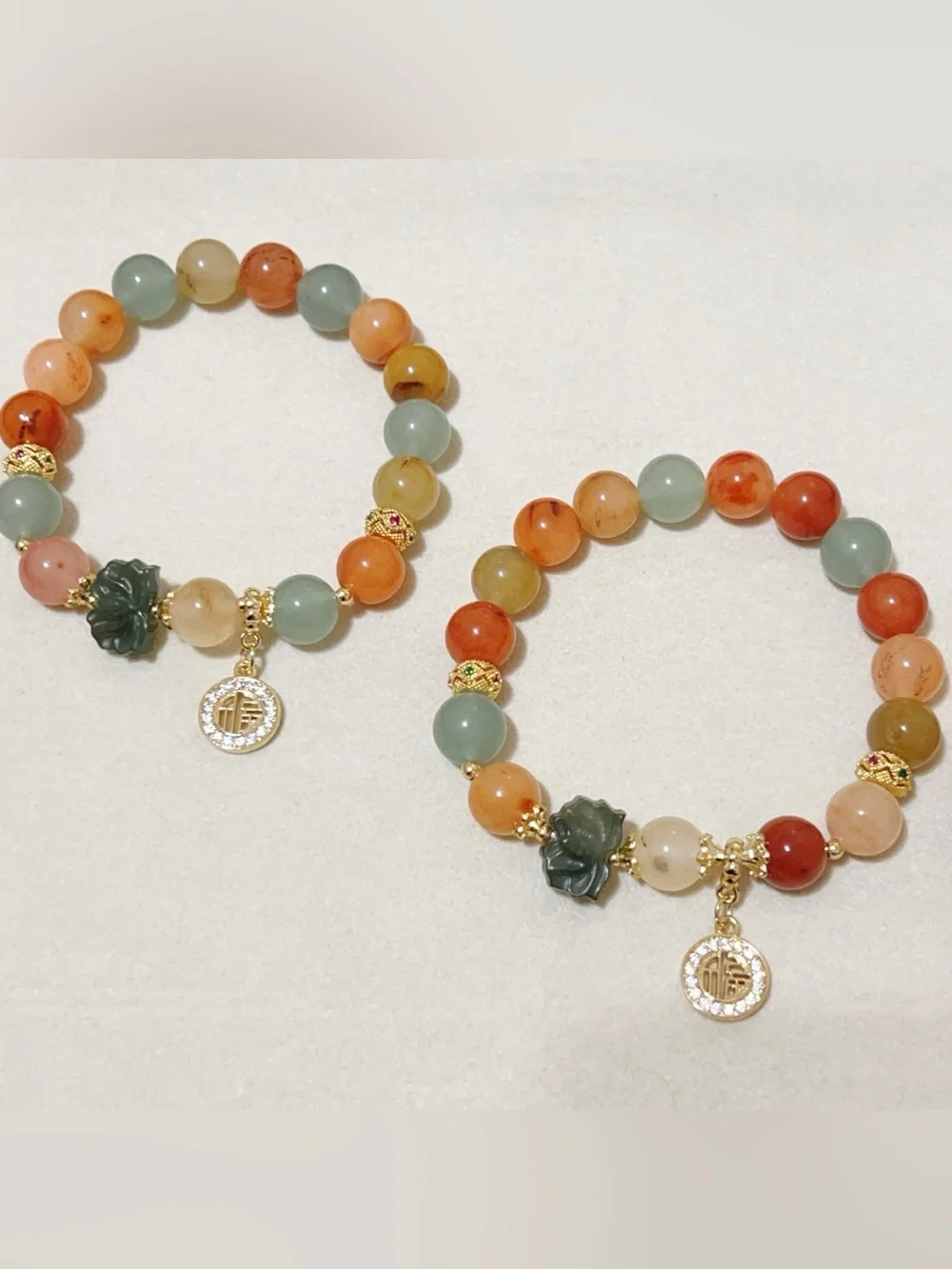 Handmade GoldenSilk Jade Bracelet ｜ Green Jade Lotus Charm & Lucky Fu福Dangle